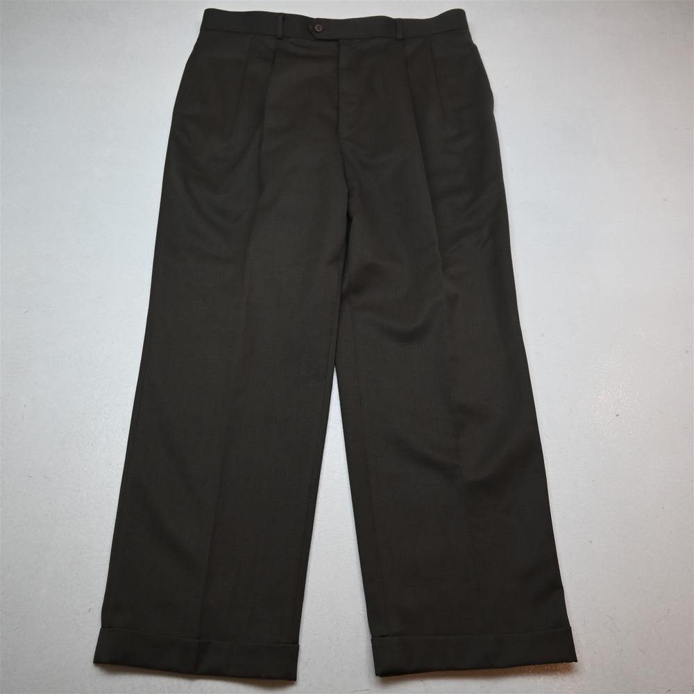 Vtg Y2K 2000s 36x30 Brown 100% Wool Pleated Cuffed High Waist‎ Baggy Dress Pants